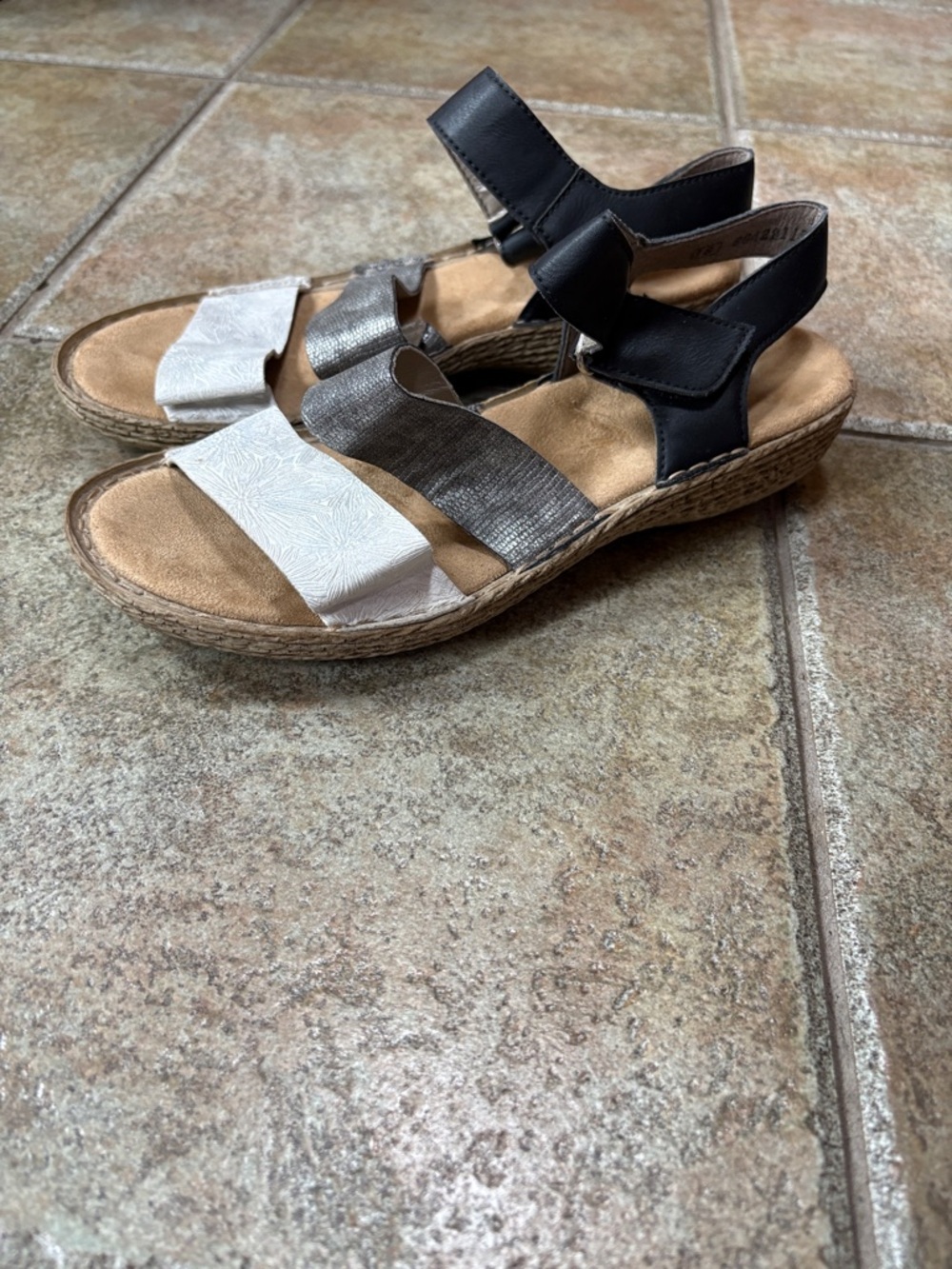 Rieker Leather Strappy Sandals in Black, Silver & White
